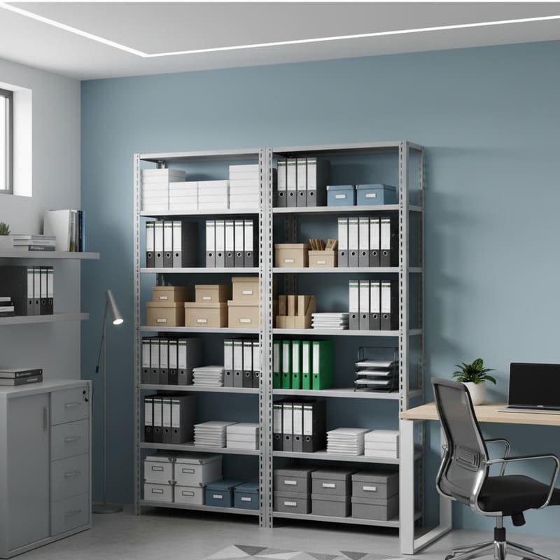 Escritório com estantes com 7 prateleiras reforçadas