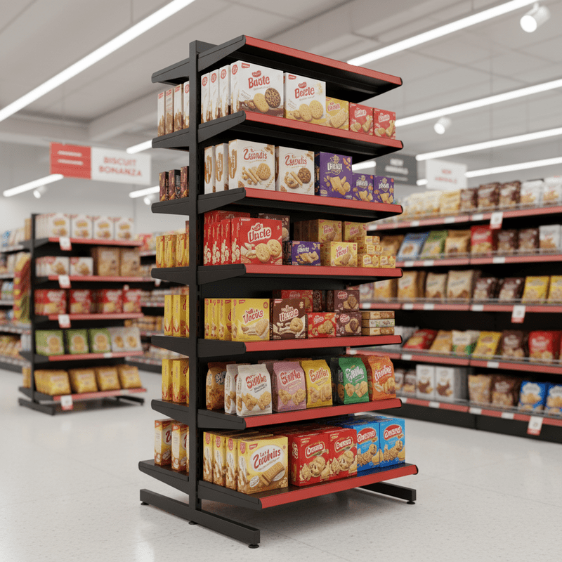 GÔNDOLA CENTRO - 2 METROS COM 7 PRAT. PRETA - CENÁRIO